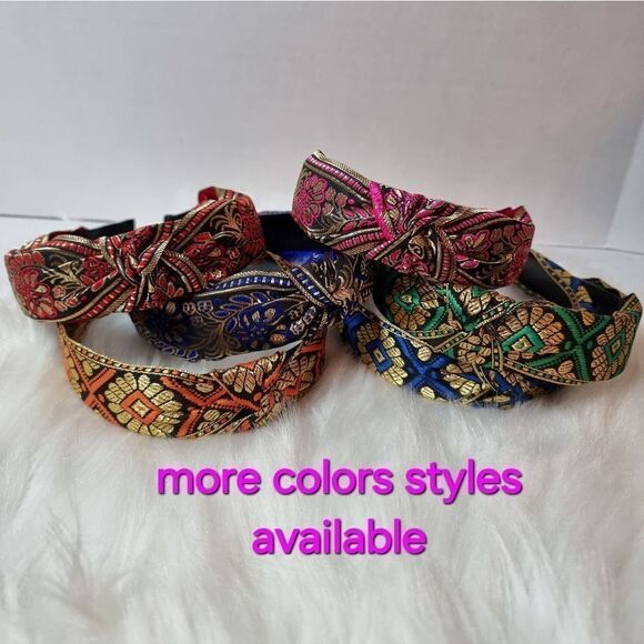 JEWELTONE JACQUARD SATIN FABRIC top knot red gold black headband - Picture 9 of 9